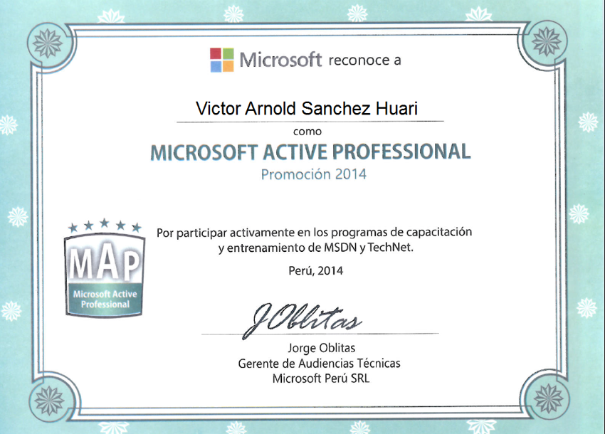 Certificado Microsoft Active Professional otorgado a Víctor Arnold Sánchez Huari en 2014
